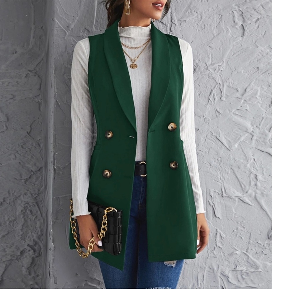 Classic Green Double Button Sleeveless Vest XS S M L XL